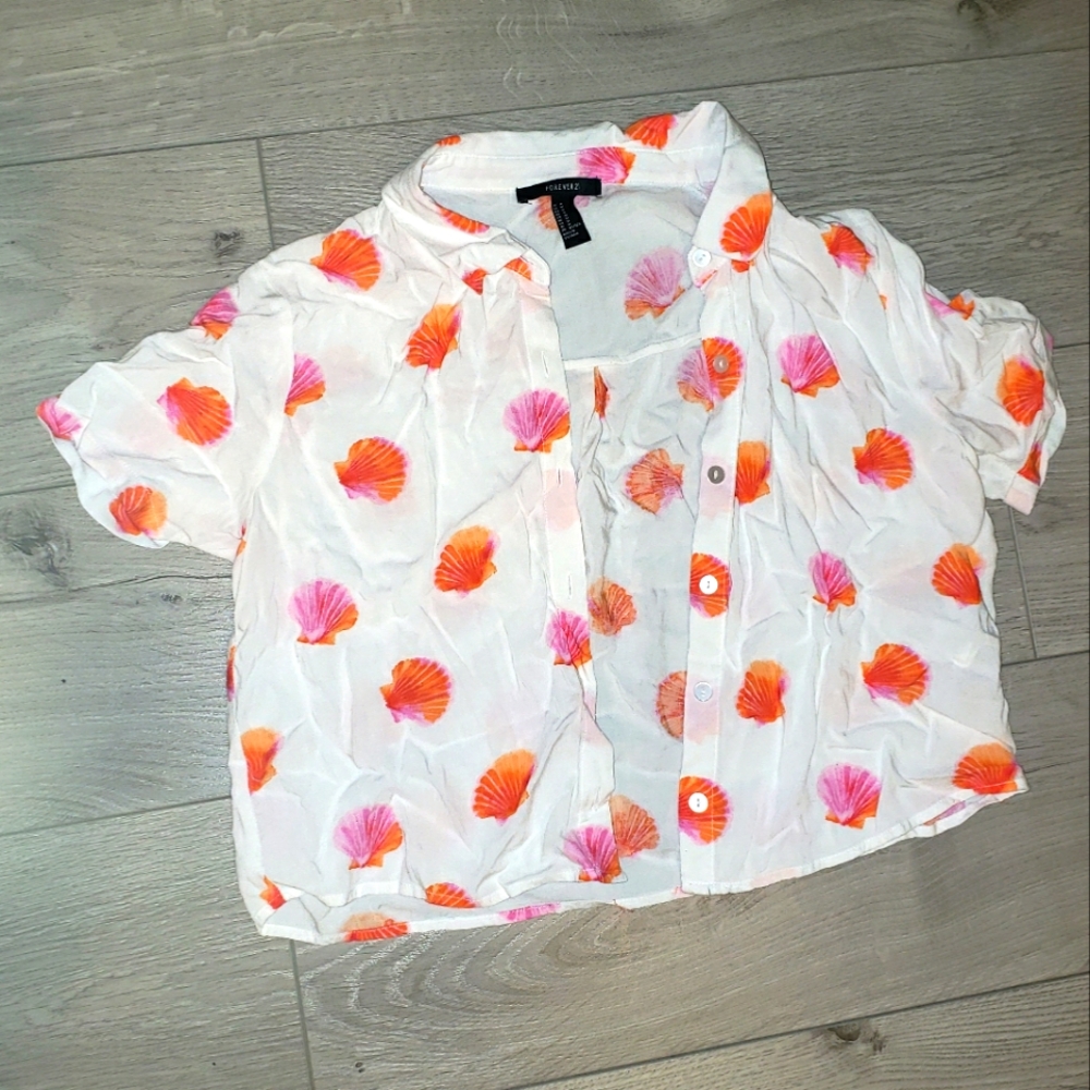 White and Orange Short Sleeve Button Down Shirt